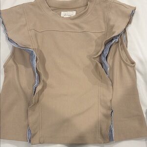Anthropologie Beige Ribbed Ruffle Tank with Blue Stripe Trim